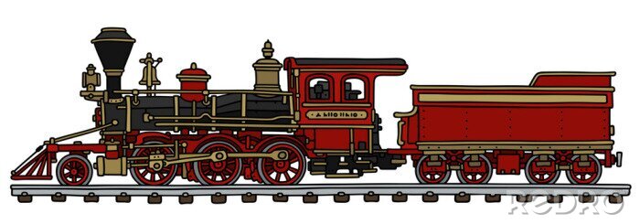 Sticker Old red american steam locomotive / Hand drawing, vector illustration