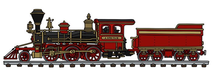 Sticker Old red american steam locomotive / Hand drawing, vector illustration