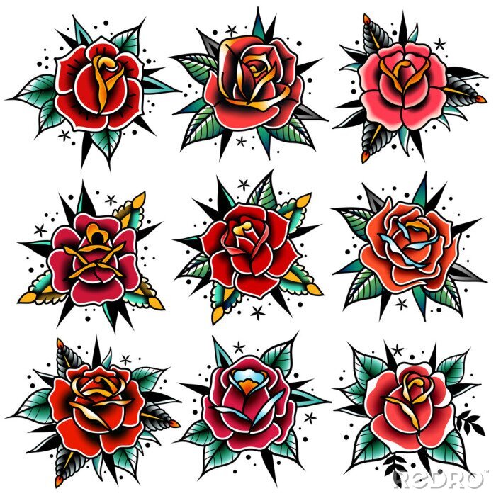 Sticker old school tattoo rode rozen met bladeren set