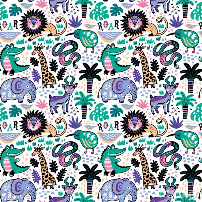 Sticker Olifanten krokodillen giraffen en palmbomen