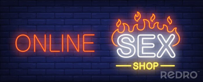 Sticker Online sekswinkel neonreclame. Vuren woord o donkere bakstenen muur. Vectorillustratie in neonstijl voor seks winkel of erotisch entertainment