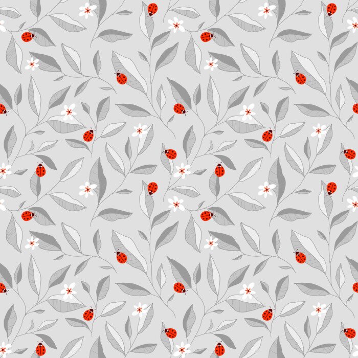 Sticker Ontwerp van lieveheersbeestjes op grijze bladerrijke achtergrond