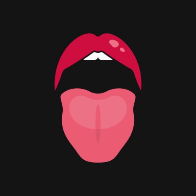 Sticker Open mouth women. Lips and tongue logo on black