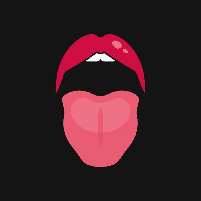 Sticker Open mouth women. Lips and tongue logo on black