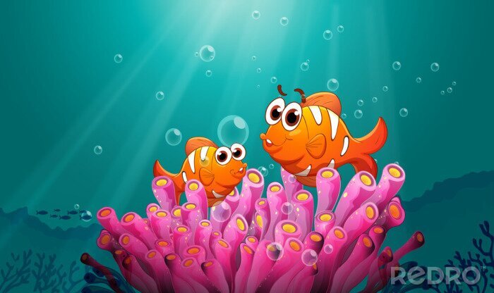 Sticker Oranje vissen bij felroze zeekoralen