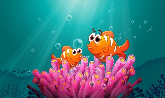 Sticker Oranje vissen bij felroze zeekoralen