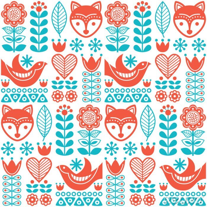 Sticker Oranje vogels en vossen met blauwe planten