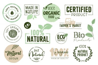 Sticker Organic food, farm fresh and natural products labels and elements collection. Vector illustration for food market, e-commerce, restaurant, healthy life and premium quality food and drink promotion.