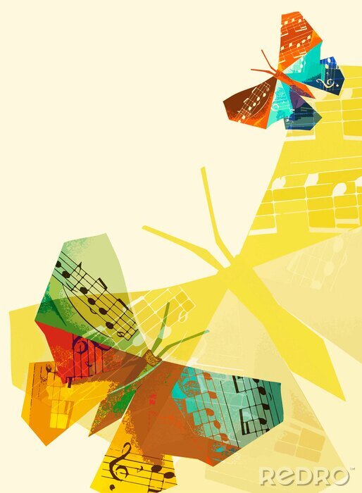 Sticker Origamivlinder met muzieknoten. Illustratie van kleurrijke achtergrond met origamivlinders met muzieknoten. Concept voor klassieke muziek.