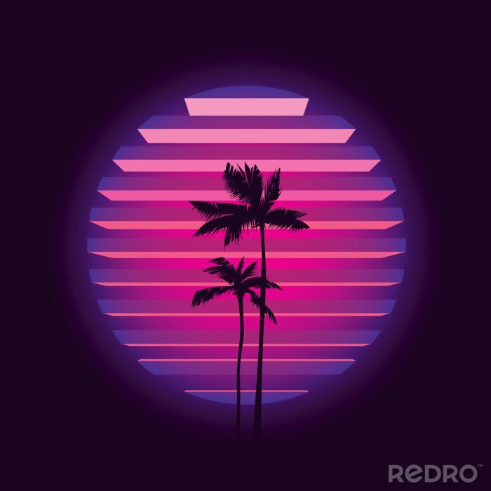 Sticker Original vector illustration in neon style. Palm trees on the background of a neon sunset in the retro style of the 80's. T-shirt design.