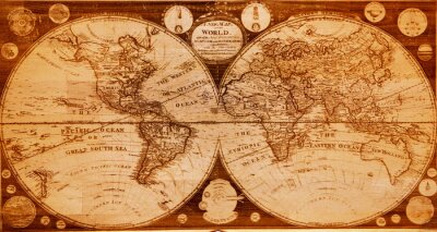 Sticker oude houten kaart van noordelijk en zuidelijk halfrond aarde