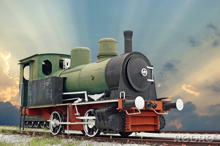 Sticker oude stoomlocomotief locomotief de trein op mooie hemel achtergrond