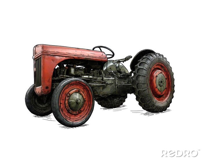 Sticker Oude vintage rode tractorillustratie in beeldverhaal of grappige stijl. Tractor werd gemaakt in Dearborn, Michigan, Verenigde Staten of de VS van 1939 tot 1942 of 30's tot 40's.