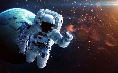 Sticker Outer space 3D astronaut op de achtergrond van de aarde