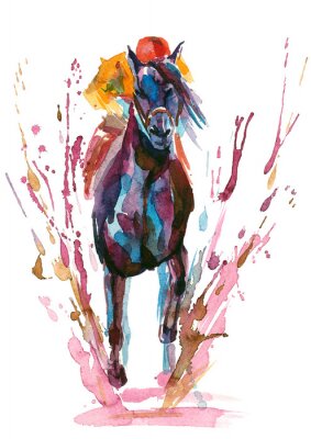 Sticker Paarden aquarel aquarel paard met een jockey op zijn rug