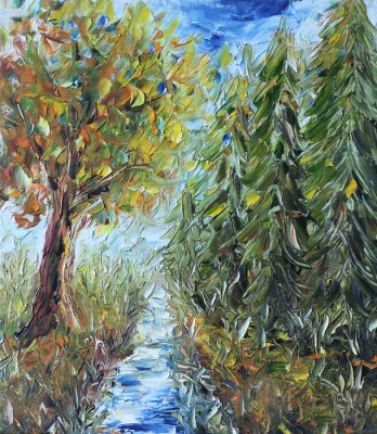 pad door het bos, olieverfschilderij