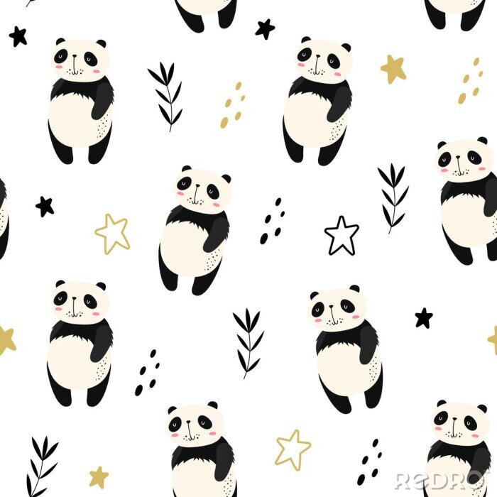 Sticker Panda op sterrenhemel achtergrond in Scandinavische stijl