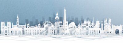 Sticker Panorama postcard and travel poster of world famous landmarks of europe, Holland, France, Germany, Belgium, Spain and England in paper cut style vector illustration