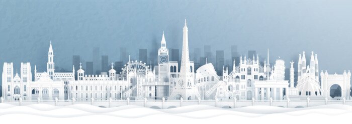 Sticker Panorama postcard and travel poster of world famous landmarks of europe, Holland, France, Germany, Belgium, Spain and England in paper cut style vector illustration