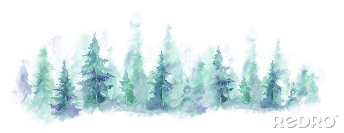 Sticker Panorama van een bos geschilderd in aquarel