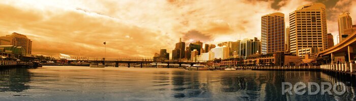 Sticker Panoramisch uitzicht op een stad in sepia