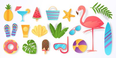 Sticker Paper cut summer elements. Trendy tropical leaves pink flamingo and beach stickers. Vector sun ice cream ball vacation travel icons flat illustration