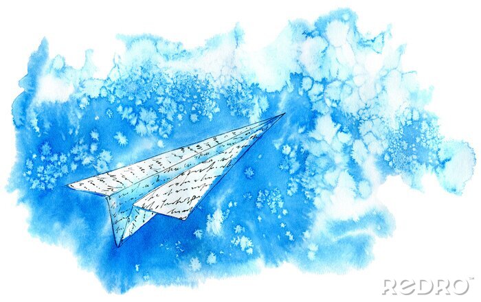 Sticker Papieren vliegtuig in de lucht. Abstract image.Watercolor hand getrokken illustratie.