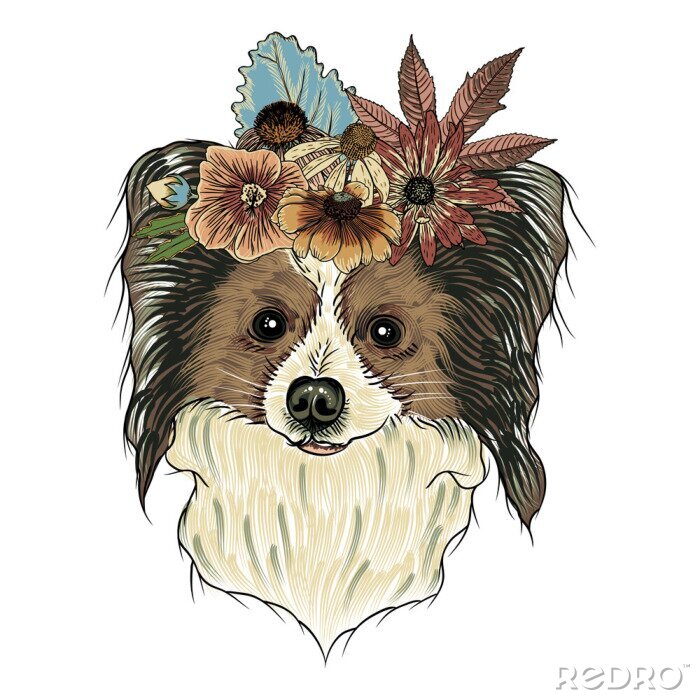 Sticker Papillon puppy in de exotische bloem rozenkrans kroon. Tattoo of T-shirt jurk poster Boho Chic honden portret concept. Mode illustratie. Hand getekende huiselijke hond vector.