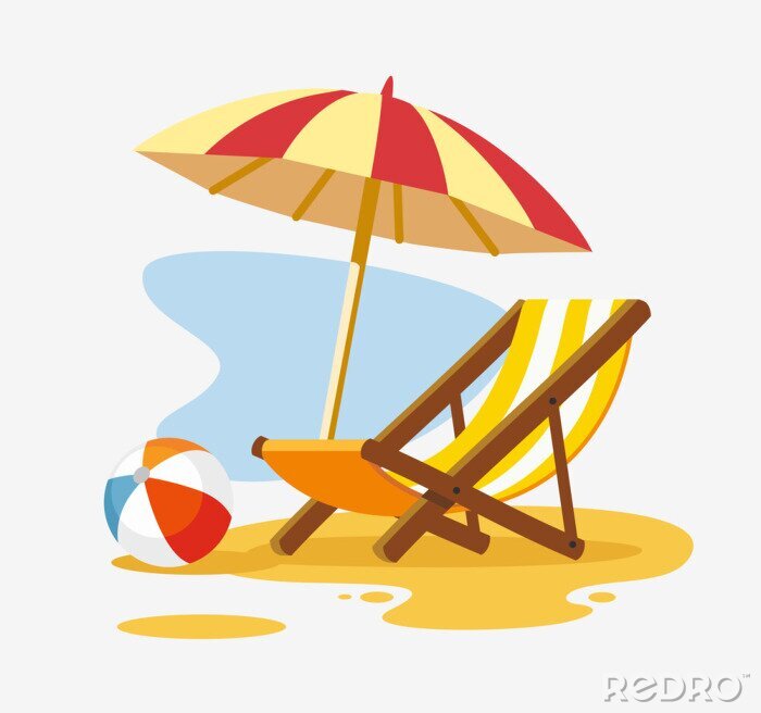 Sticker Paraplu en ligstoel op het strand.
