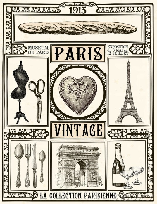 Sticker Parijs vintage stijl illustraties