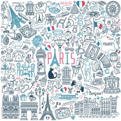 Sticker Paris doodle set. Popular French landmarks, food and attractions. Vector illustration isolated on white background