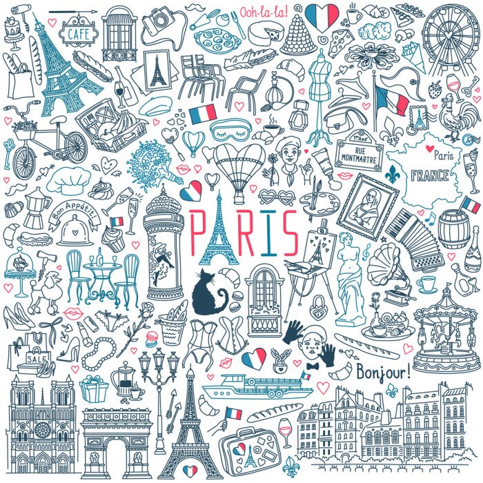 Sticker Paris doodle set. Popular French landmarks, food and attractions. Vector illustration isolated on white background