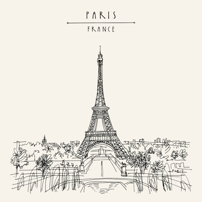 Sticker  Paris, France, Europe. Eiffel Tower. Artistic hand drawing in retro style. European travel sketch. Vintage hand drawn touristic postcard, poster or book illustration in vector