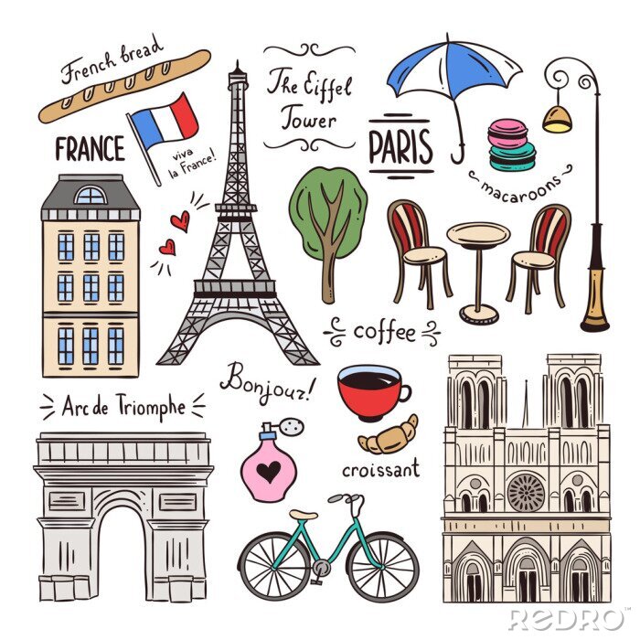 Sticker Paris hand getrokken illustratie. Frankrijk iconen en objecten. Travel doodles Parijs