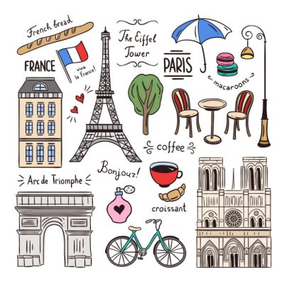 Sticker Paris hand getrokken illustratie. Frankrijk iconen en objecten. Travel doodles Parijs