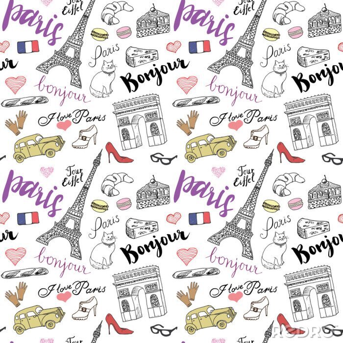 Sticker Paris naadloze patroon met de hand getrokken schets elementen - Eiffeltoren triumf boog, mode-items. Tekening doodle vector illustratie, geïsoleerd op wit