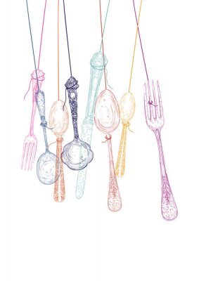 Fotobehang Pastel bestek hangend aan touwtjes