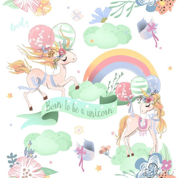 Sticker Pastel eenhoorns met regenboog en wolken