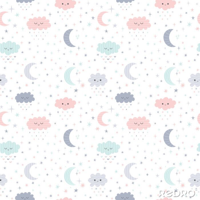 Sticker Pastelkleurige wolken sterren en manen