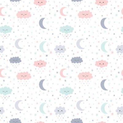 Behang Pastelkleurige wolken sterren en manen