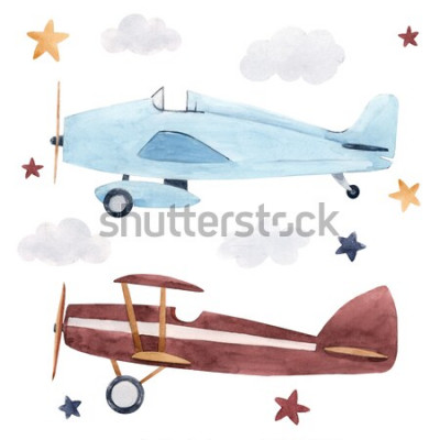 Sticker Pastelkleurvliegtuigen onder sterren retro illustratie