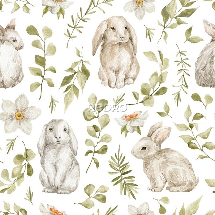 Sticker Patroon met konijnen tussen aquarelbladeren