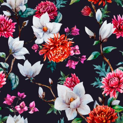 Sticker Patroon met magnolia en chrysanten