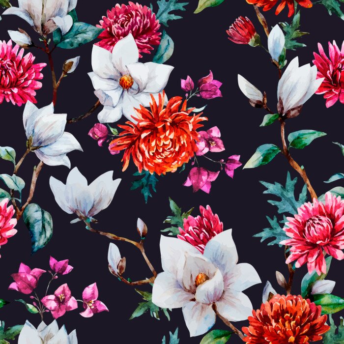 Sticker Patroon met magnolia en chrysanten