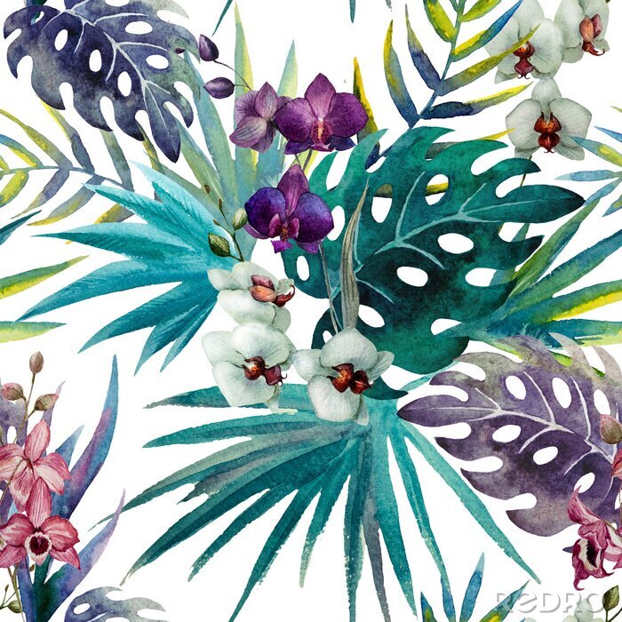 Sticker patroon orchidee hibiscus verlaat aquarel tropen