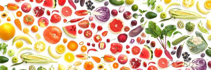 Sticker patroon van verschillende verse groenten en fruit geïsoleerd op een witte achtergrond, bovenaanzicht, plat. Samenstelling van voedsel, concept van gezond eten. Voedsel textuur.
