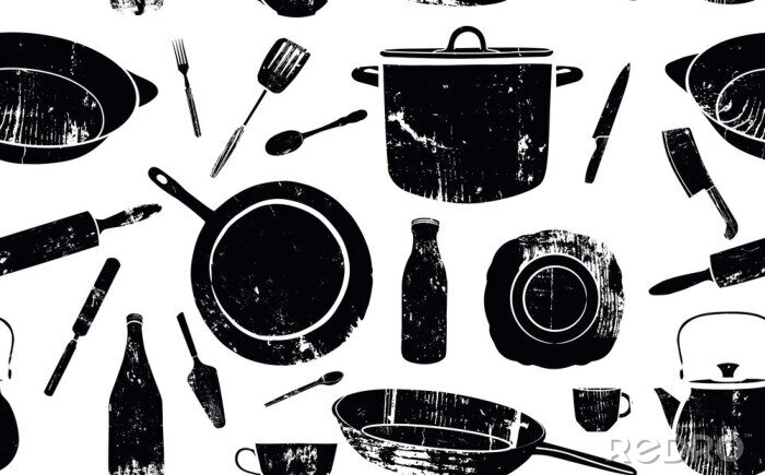 Sticker Pattern with Utensils. Vector Background.