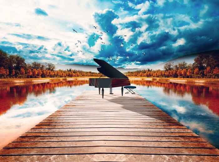 Sticker Piano en la naturaleza.Paisaje surreal de arboles y lago.Concepto de música relajada y tranquila de piano
