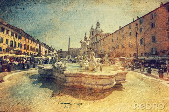 Sticker Piazza Navona, Rome. Italië. Picture in artistieke retro stijl.