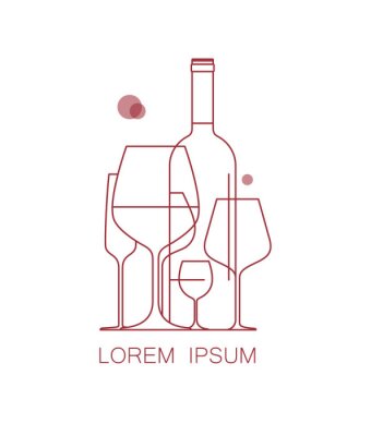 Sticker Pictogram, logo voor wijnkaart, proeverij, restaurantmenu. Een set wijnglazen en een fles wijn. Moderne lineaire stijl. Vector illustratie.
